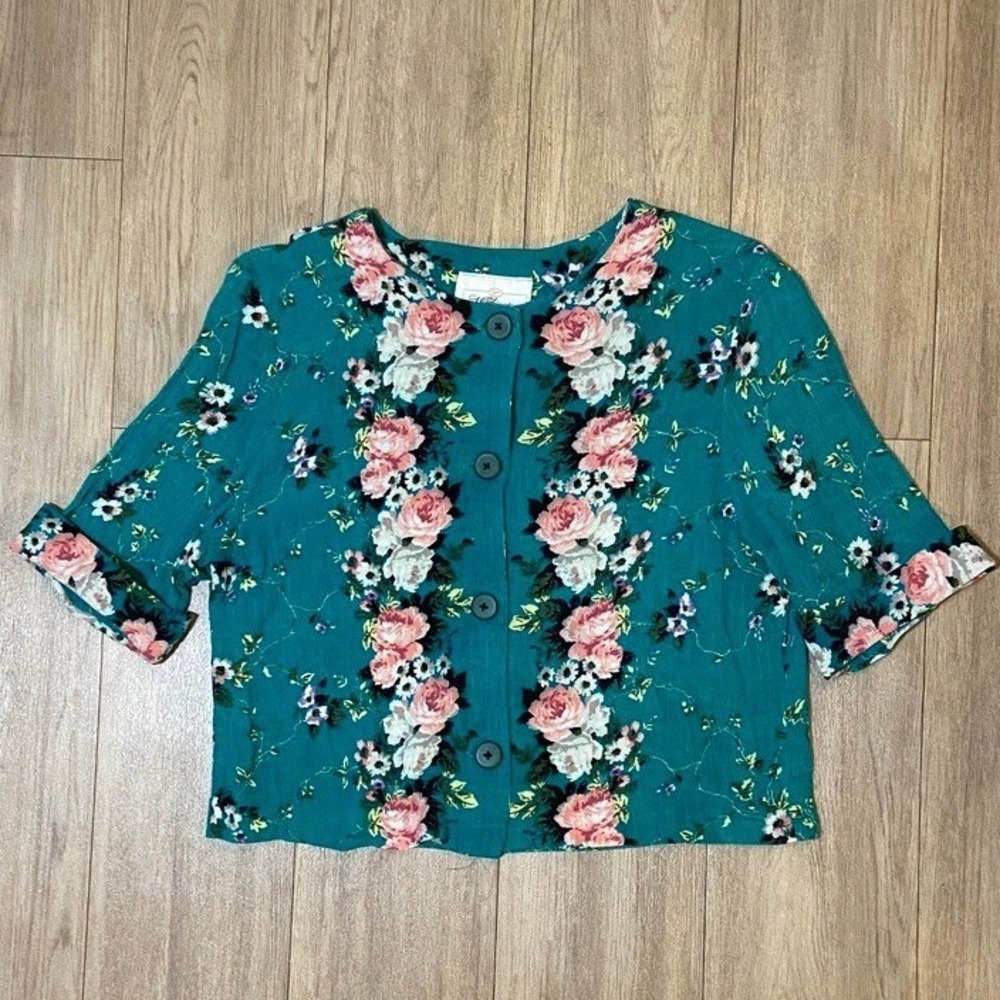 Worthington Vintage 90's Teal Pink Rose Floral Cropped Button Up Top Women's L